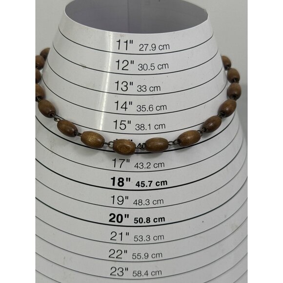 Vintage Style Brown Wooden Bead Necklace With Metal Chain & Charm - Picture 2 of 4